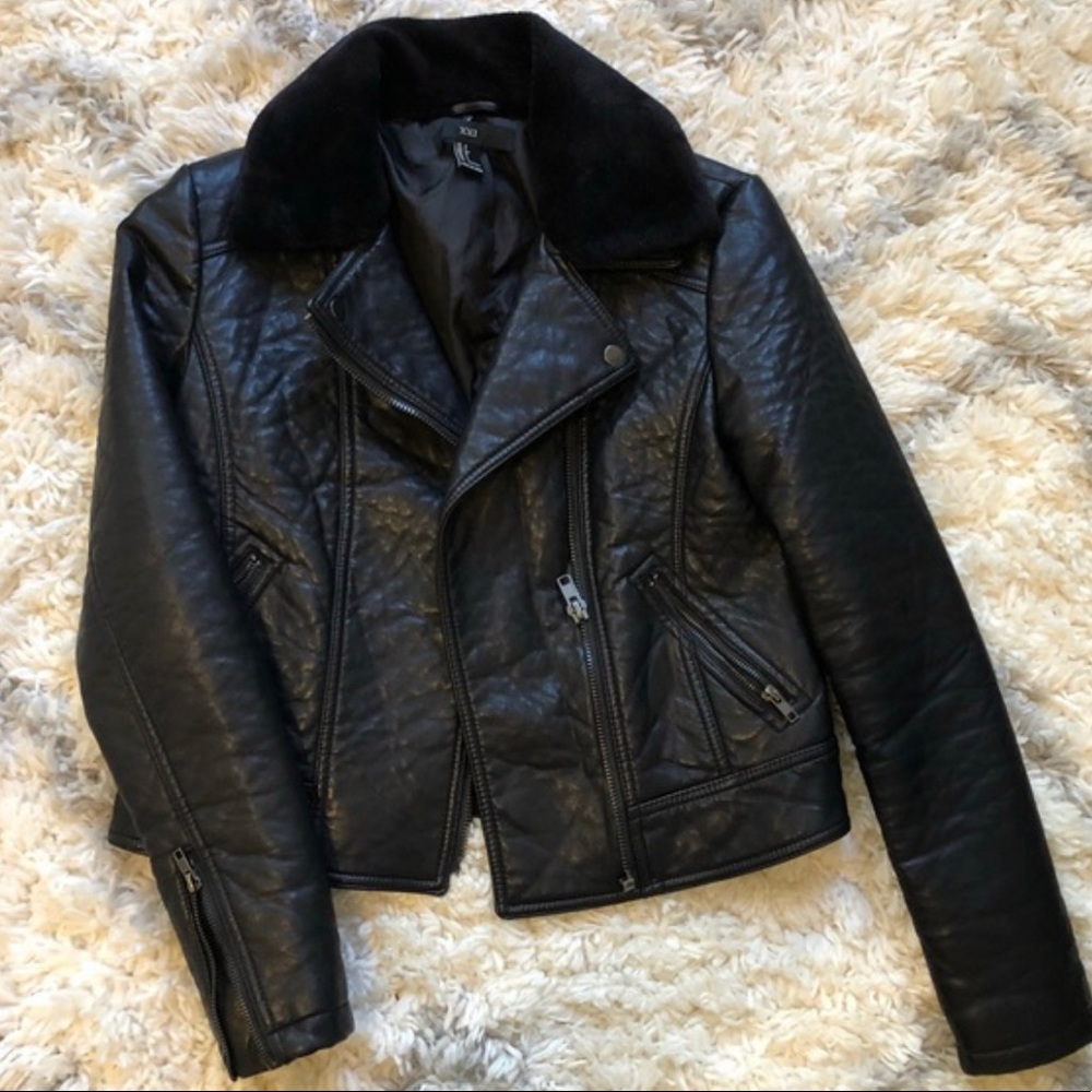 f21 biker leather jacket removable fur collar